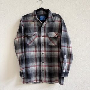 Pendleton Board Shirt Mens M Long Grey Excellent Plaid Wool Button Down